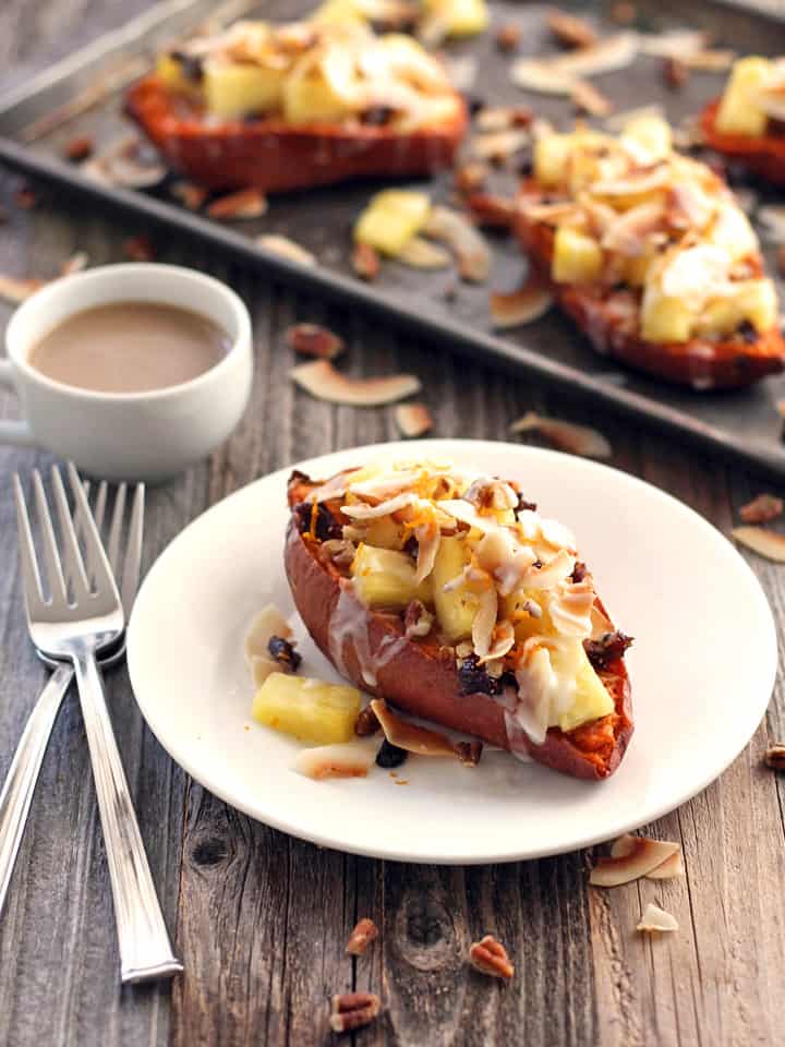 Vegan TwiceBaked Sweet Potatoes with Pineapple and Coconut