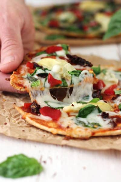 Tortilla Pizzas with Sundried Tomatoes and Spinach (15 Minutes!)