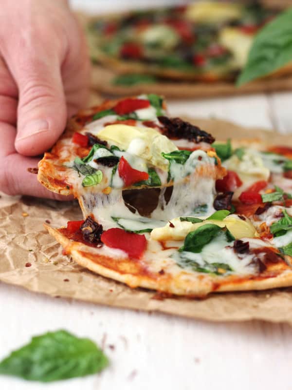 Tortilla Pizzas with Sundried Tomatoes and Spinach (15 Minutes!)