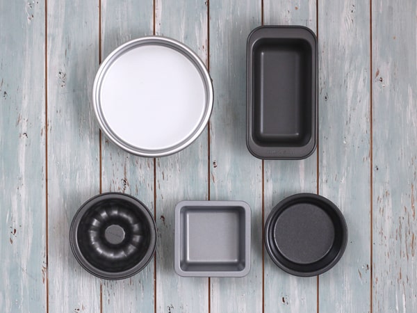 Mini bunt pans, pie pans, square pans, loaf pan and a 6-inch cake pan